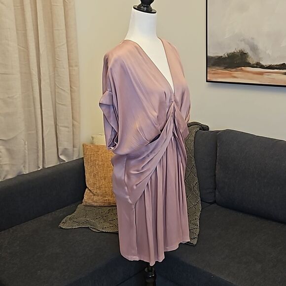 Rose pink Ruched Mini Dress with Plunge Neckline - Picture 2 of 5